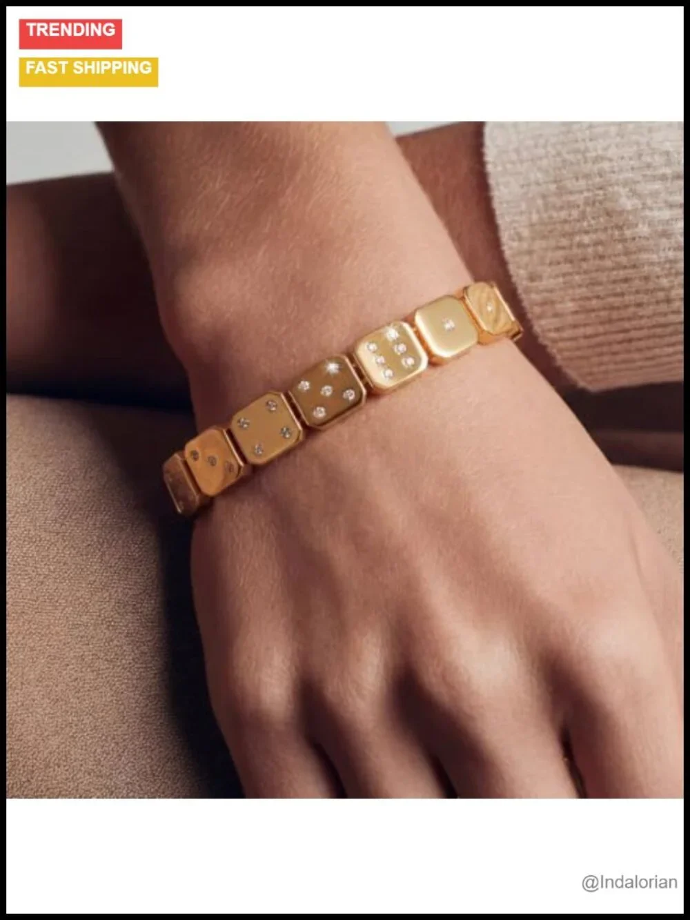 Gold Dice Bracelet Cubic Zirconia Copper Stretch